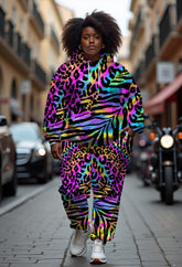 Women's Big & Tall Street Graffiti Colorful Leopard Print Hoodie Set